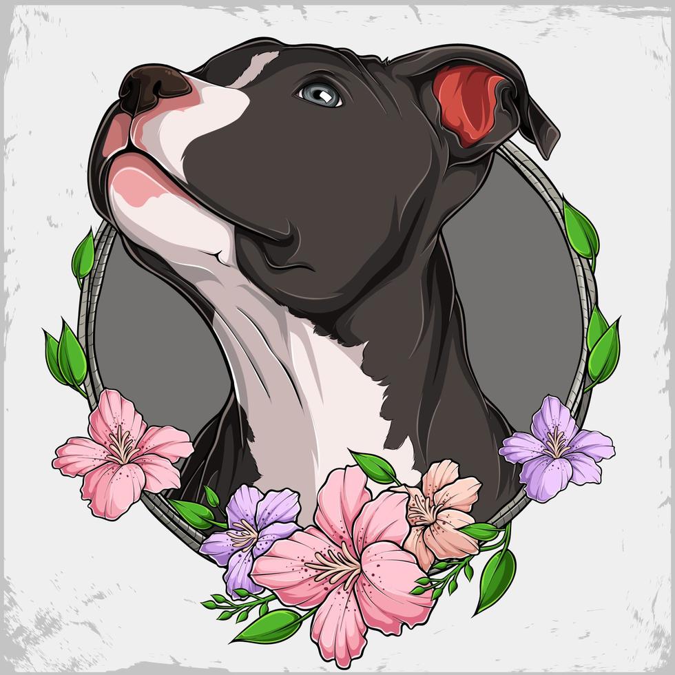 Strong Black American Pit bull terrier dog head looking to the top in a colorful floral wreath vector