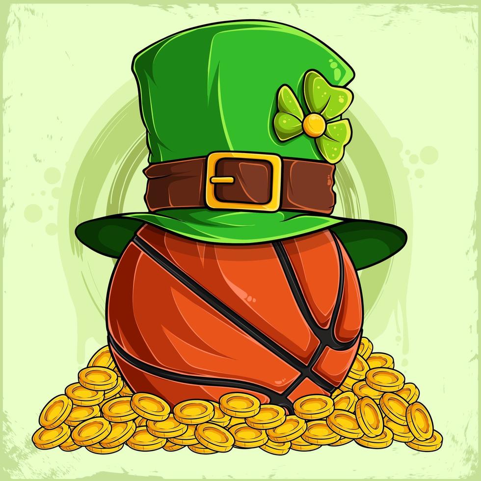 pelota de baloncesto de la suerte del día de san patricio con sombrero de duende en un montón de monedas de oro vector