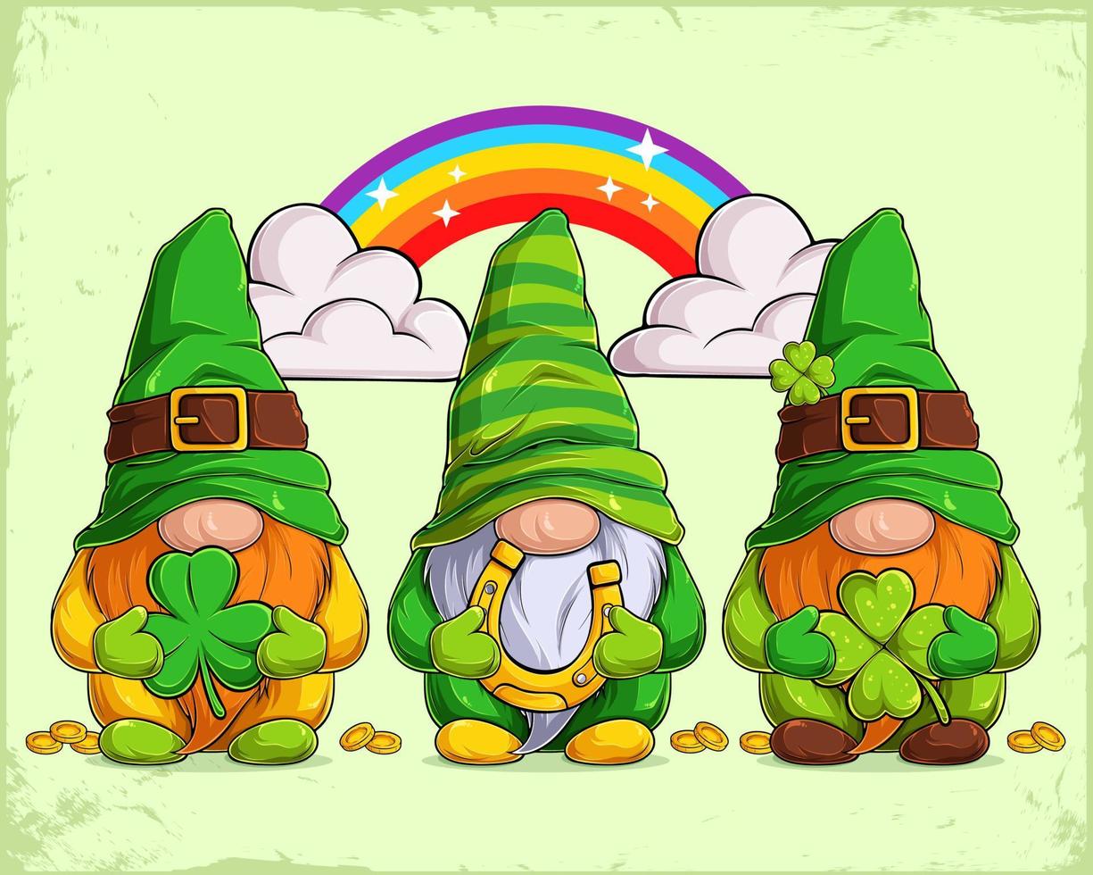 Lucky gnomes in St Patrick's day disguise holding shamrock, clover and horseshoe with rainbow in the background vector