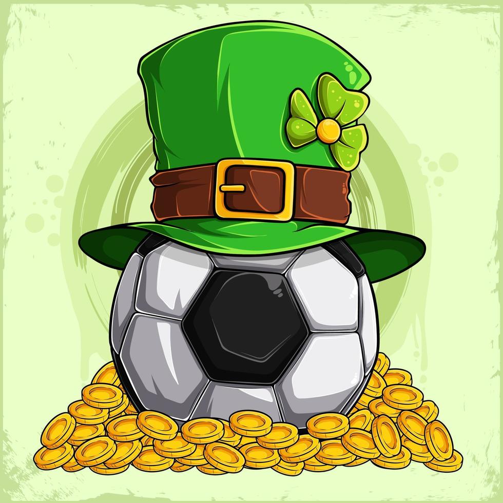 St Patrick's day lucky Soccer ball with Leprechaun hat in a pile of golden coins vector