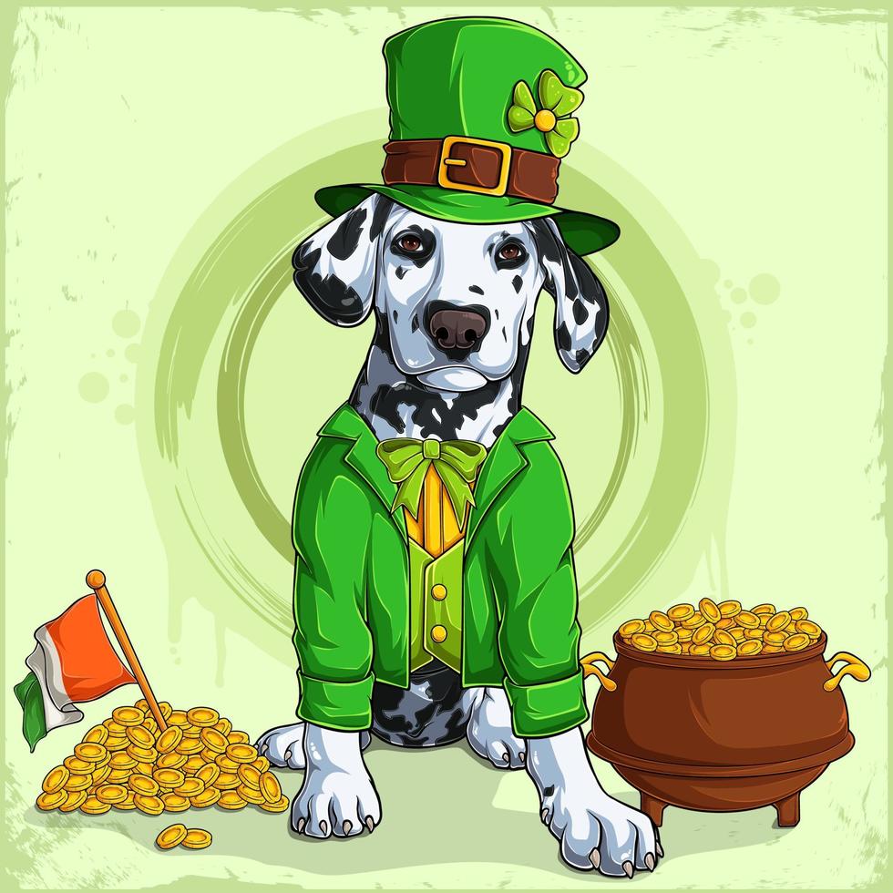 perro dálmata de san patricio con sombrero de duende y traje con una olla de monedas de oro y la bandera irlandesa vector