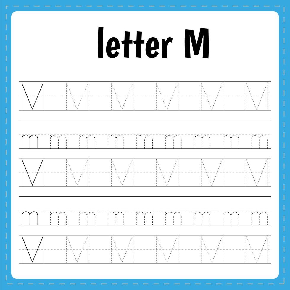 Writing letters. Tracing page. Practice sheet. Worksheet for kids. Learn alphabet. Letter M vector