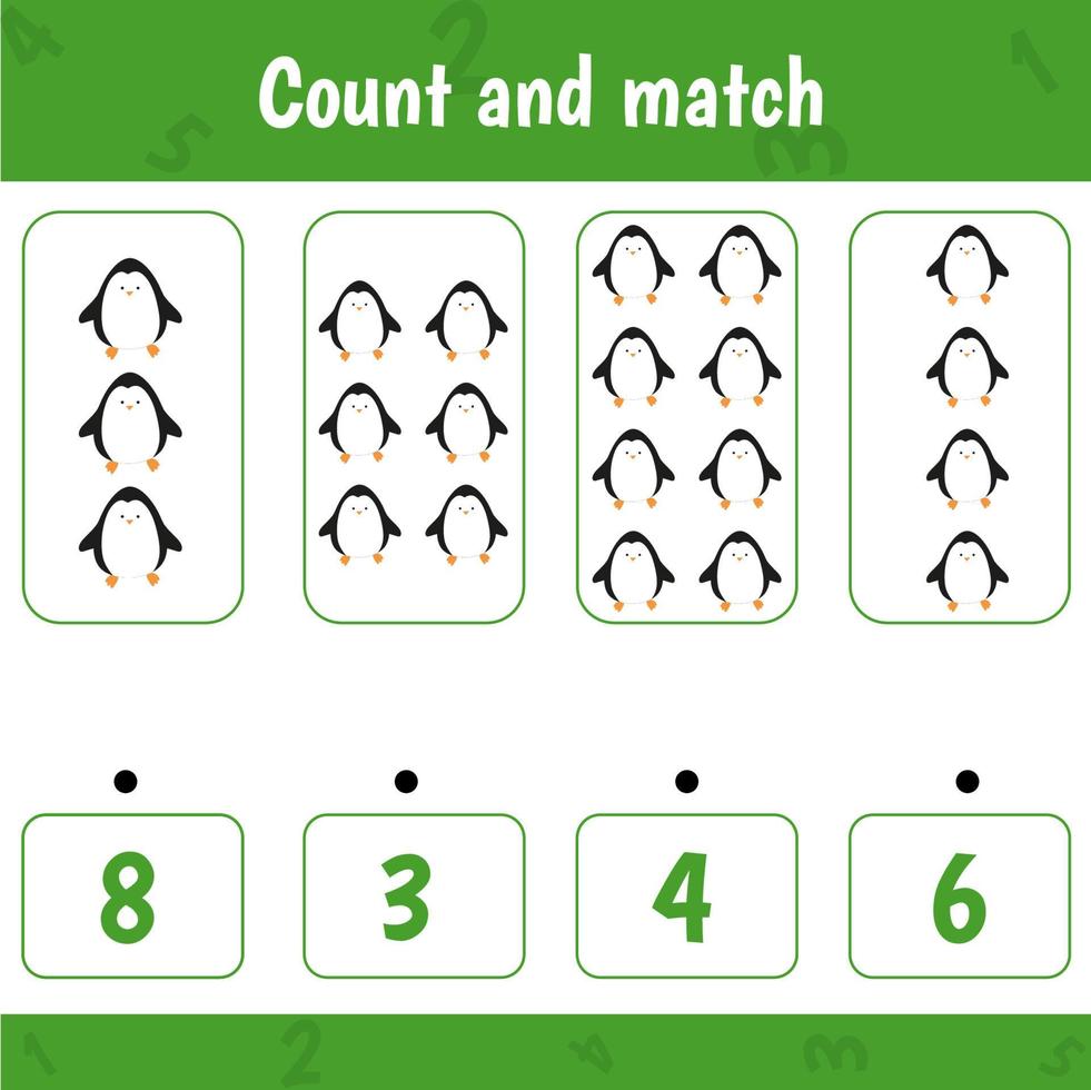 Educational worksheet for preschool kids. Count and match. Math game for children. Count penguins vector