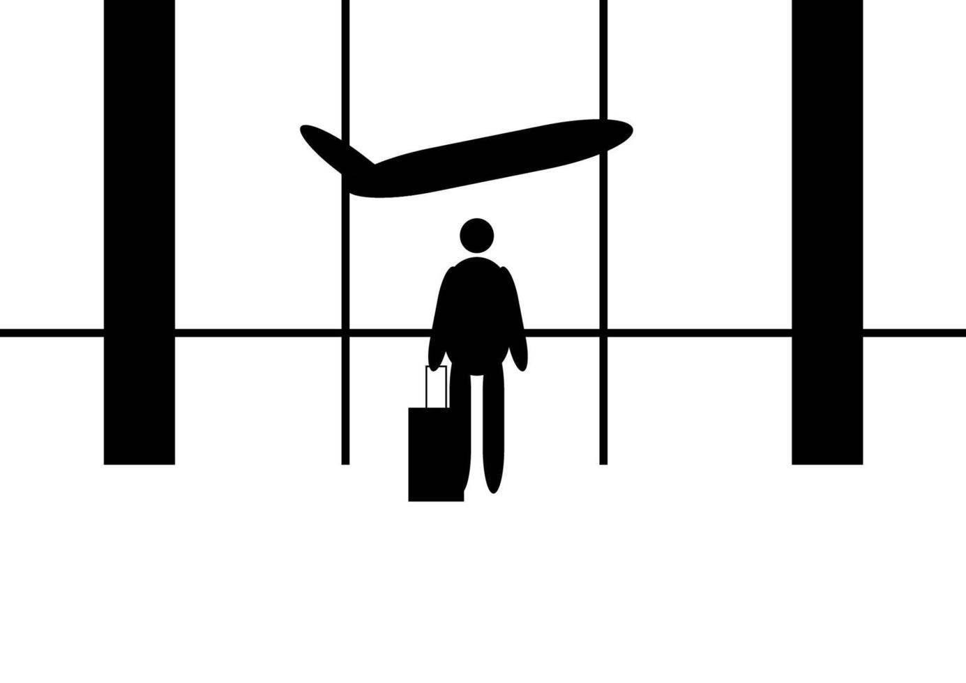 concepto de turismo y viaje en avión. ilustración vectorial de personas planas. un hombre de pie con equipaje en la salida del aeropuerto con antecedentes de avión. vector