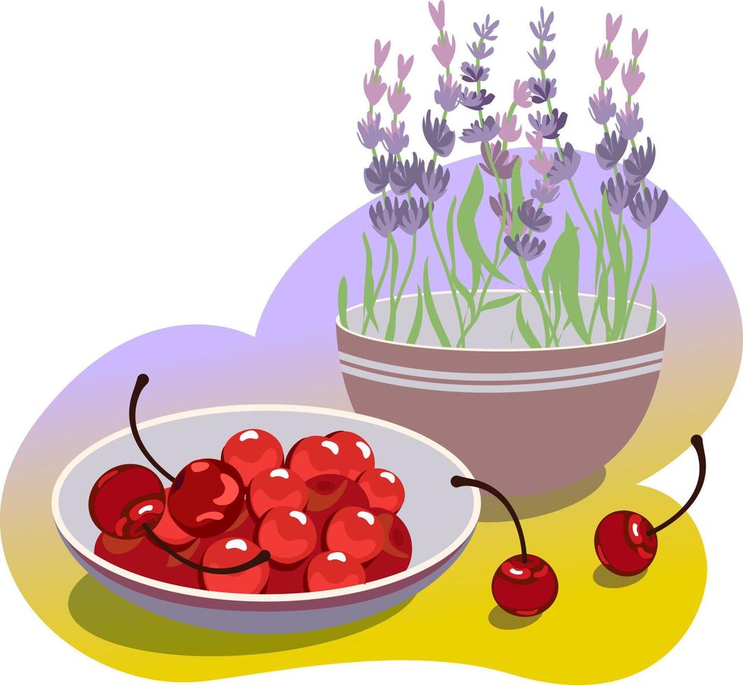summer illustration.cherry  on the plate and flowers. vector