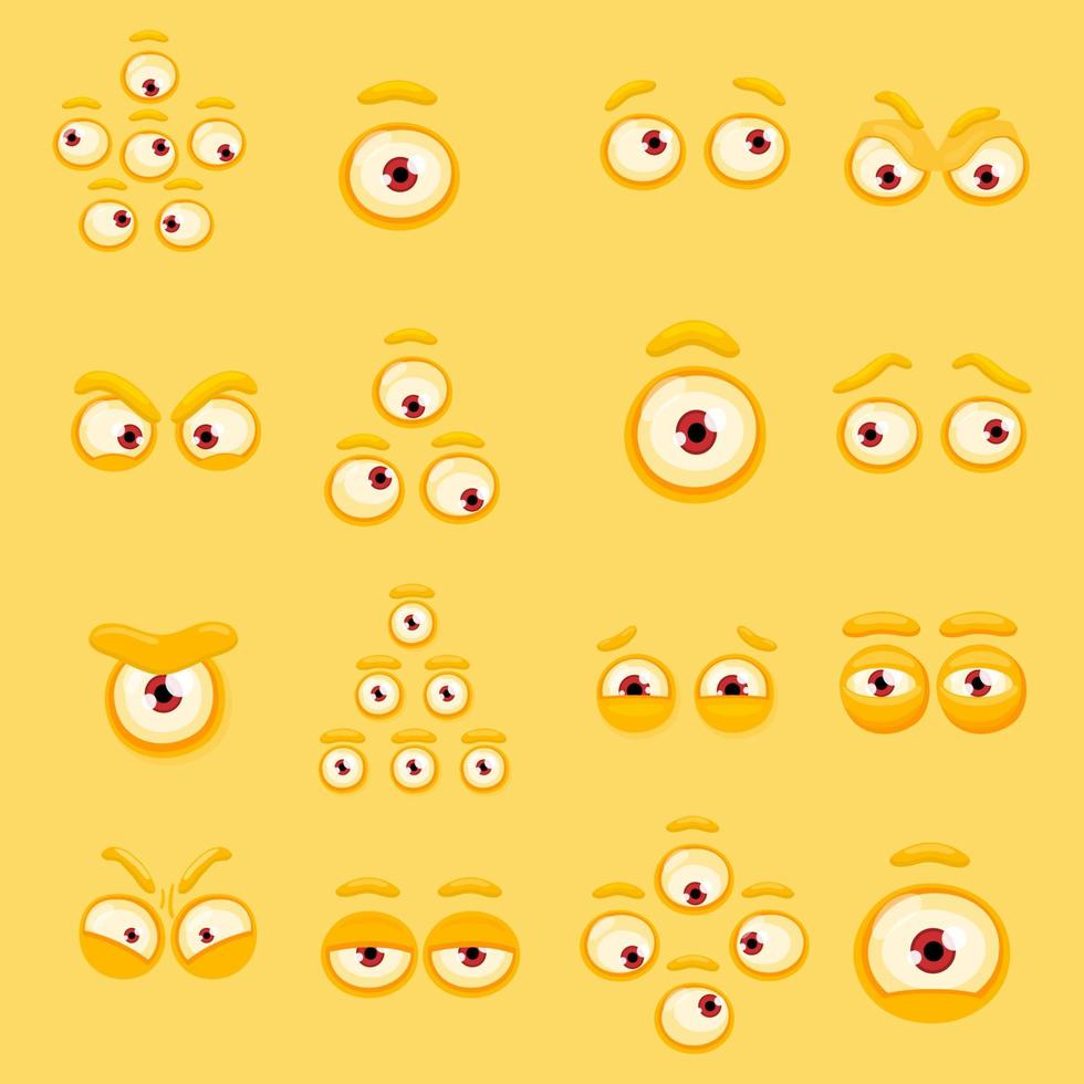 Cartoon monster eyes set vector illustration. Comic cute and creepy monster eyeballs isolated. Angry and scared, cunning and plaintive.