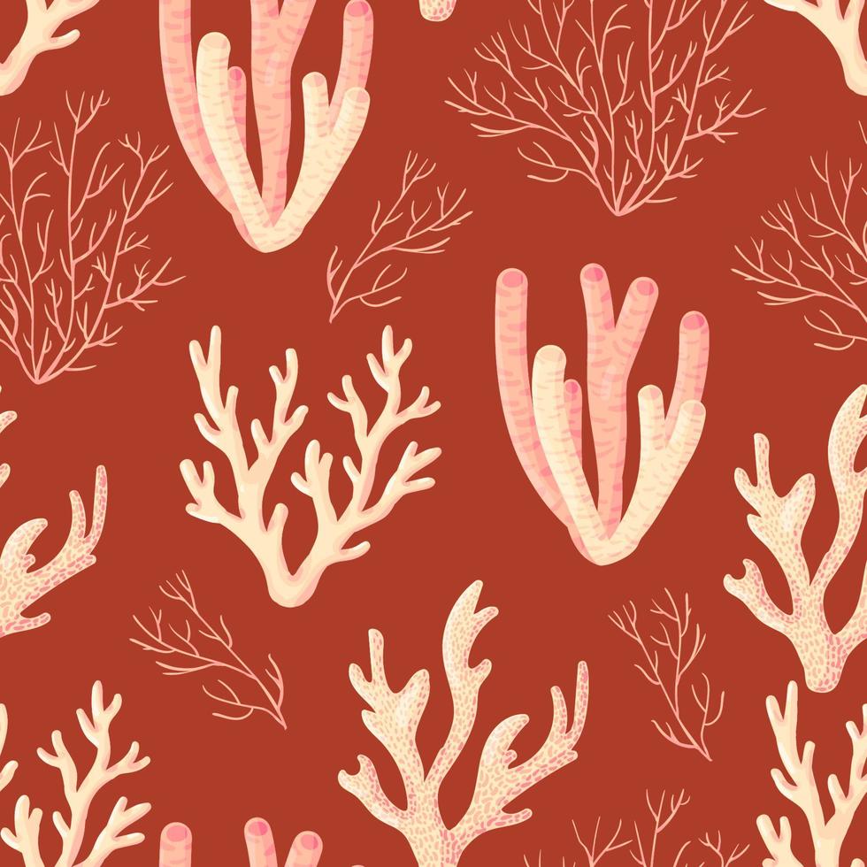 Coral reef pattern. Ocean world colorful seamless vector texture with drawings of underwater life. Marine repeat design for fabric, textile, wallpaper, fashion, web page background.