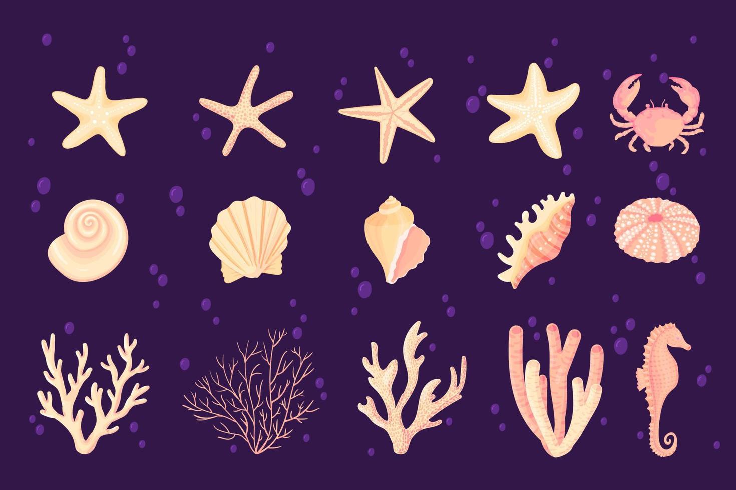 Seashells vector set. Collection of flat, cartoon sketches of molluscs sea shells, starfish, sea urchin, seahorse, hippocampus, crab, coral. Trendy coral reef under water collection isolated on white