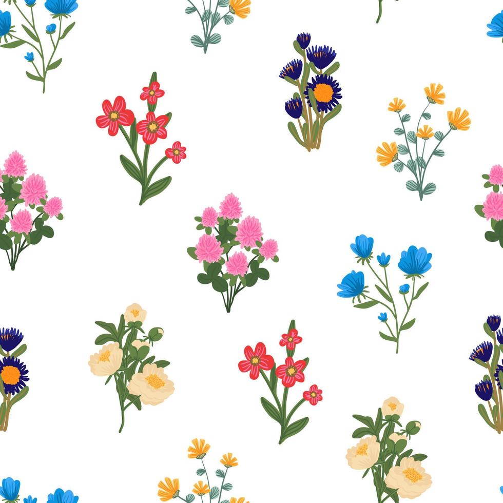 impresión de flores de primavera. patrón transparente de vector floreciente prado de verano. Fondo vegetal para moda, fondos de pantalla, envoltura. diferentes flores en el campo. millefleurs estilo liberty. diseño floral