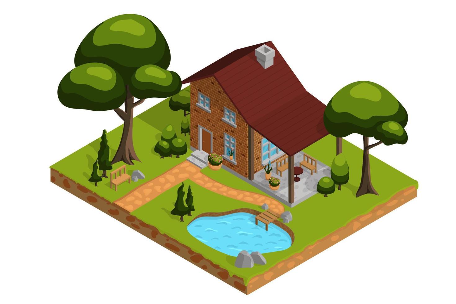 Isometric private house with terrace, garden furniture, lake, rural building, cottage. Architecture real estate, property and home, vector illustration for real estate brochures or web icon.