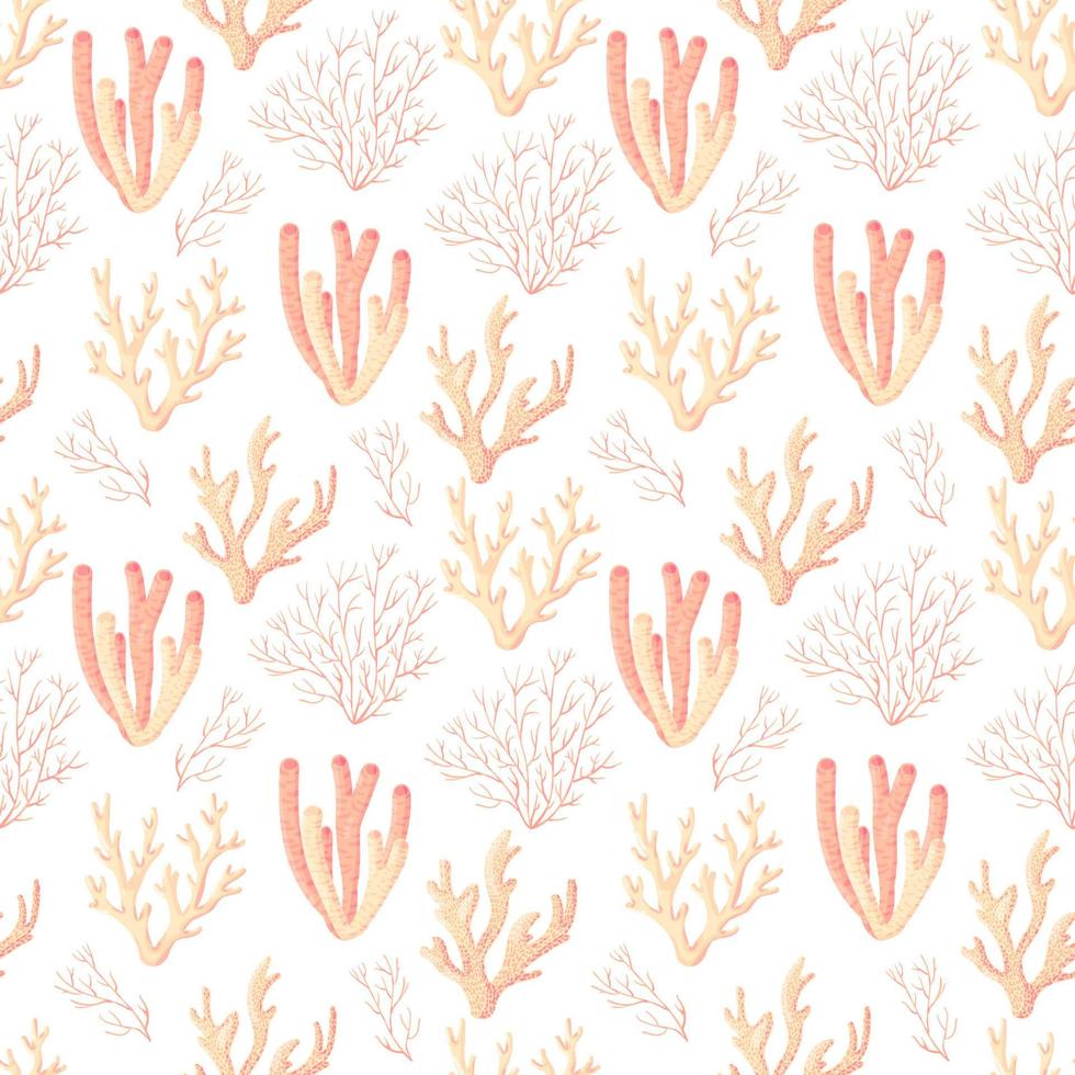 Coral reef pattern. Ocean world colorful seamless vector texture with drawings of underwater life. Marine repeat design for fabric, textile, wallpaper, fashion, web page background.