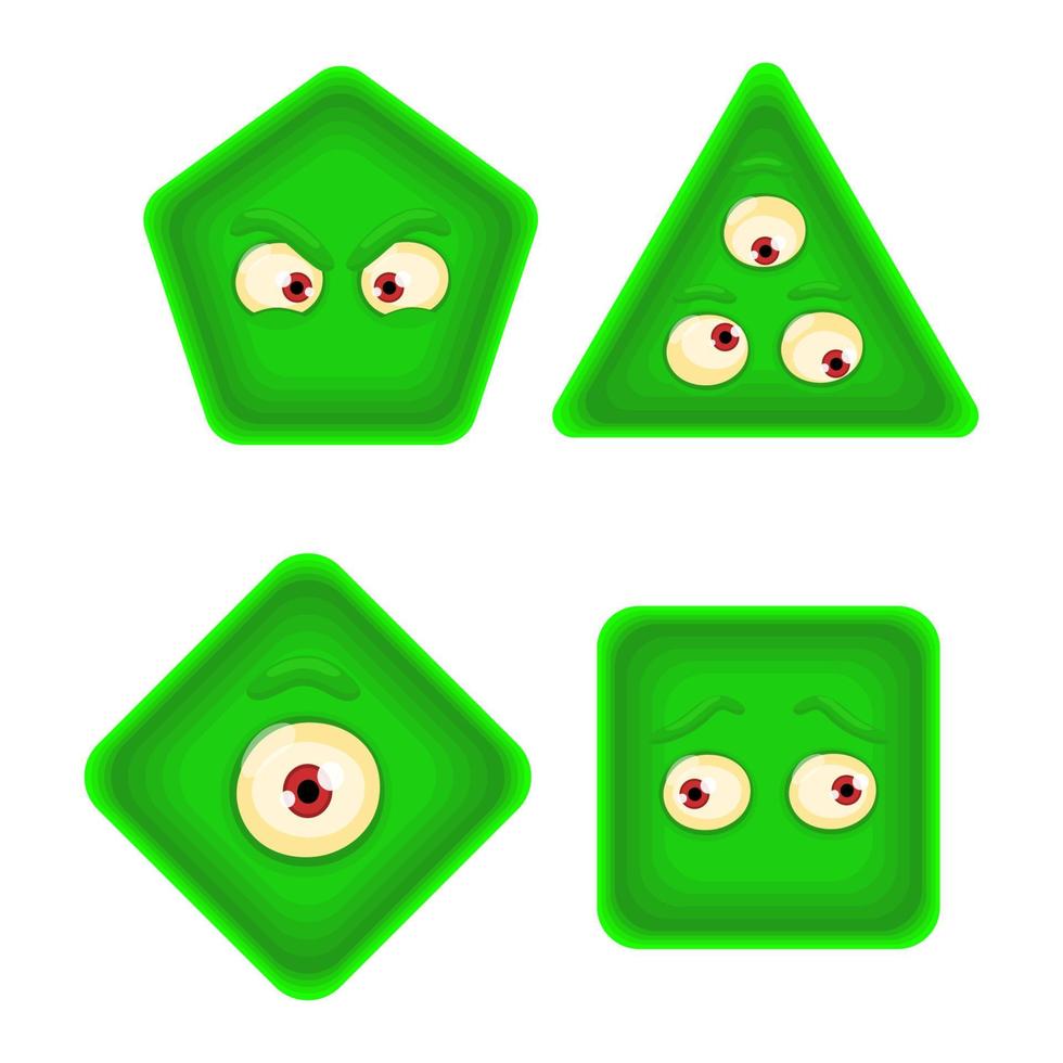 formas geométricas verdes con emociones faciales. cuadrados, triángulos, rombos, formas hexagonales con ojos. ilustración vectorial dibujada a mano para niños. lindos personajes divertidos. aislado sobre fondo blanco. vector