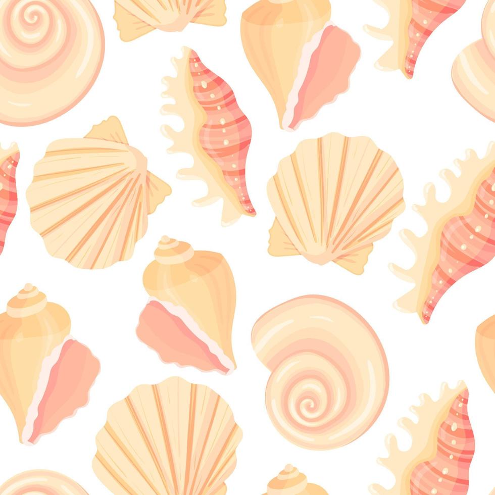 patrón sin fisuras de conchas marinas. Fondo marino de vacaciones de verano. Ilustración de vector dibujado a mano de textura submarina para invitaciones, tarjetas de felicitación, carteles, impresiones, pancartas, folletos