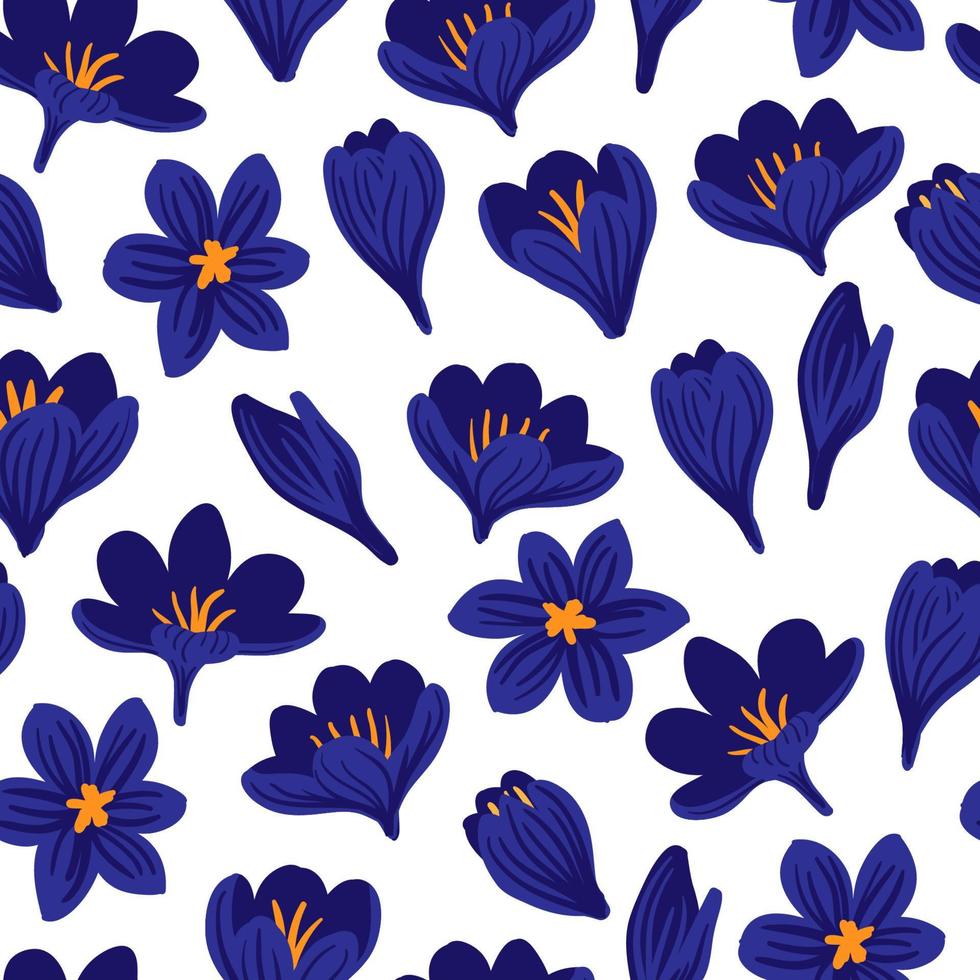 Nature spring seamless pattern with hand drawn crocus flowers. Floral meadow grass design elements for wedding invitations, Easter, Mother and Womens Day Greeting Card, scrapbooking, print, gift wrap vector