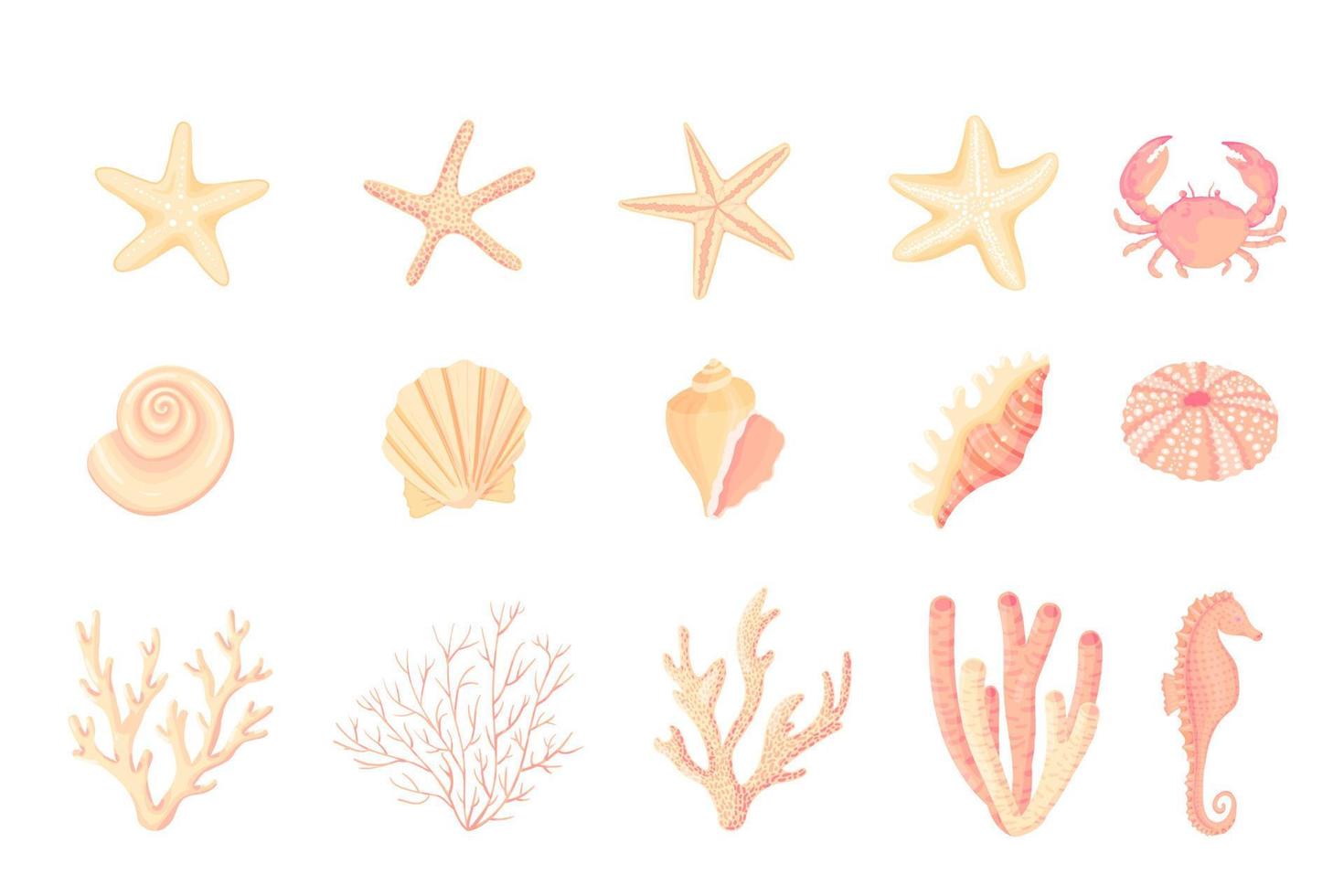 Seashells vector set. Collection of flat, cartoon sketches of molluscs sea shells, starfish, sea urchin, seahorse, hippocampus, crab, coral. Trendy coral reef under water collection isolated on white
