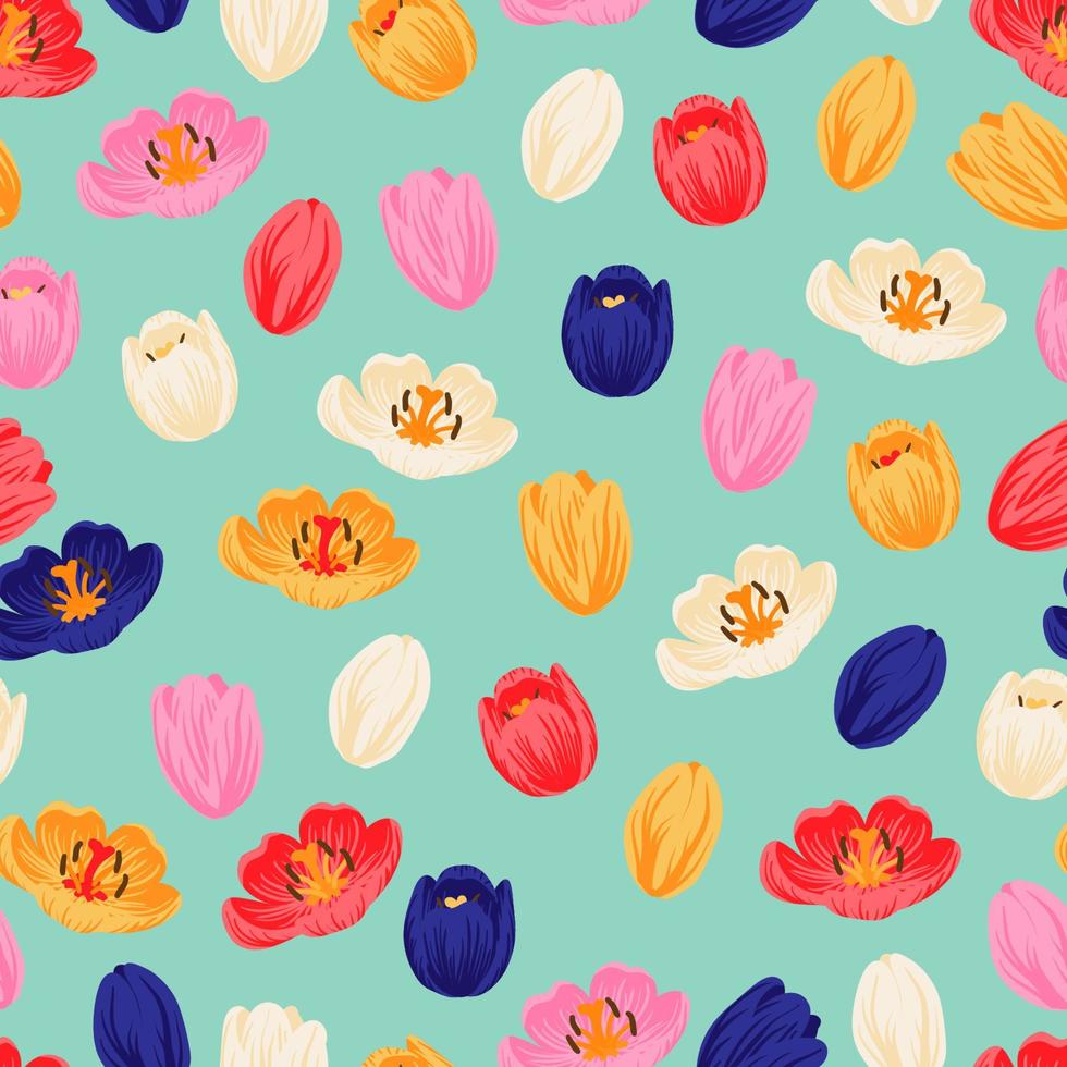 Seamless floral pattern red, yellow, purple, pink tulips and green leaves. Spring flowers background for wrapping, textile, wallpaper, scrapbook, Easter, Happy Mothers, Womens Day. Flat cartoon design vector