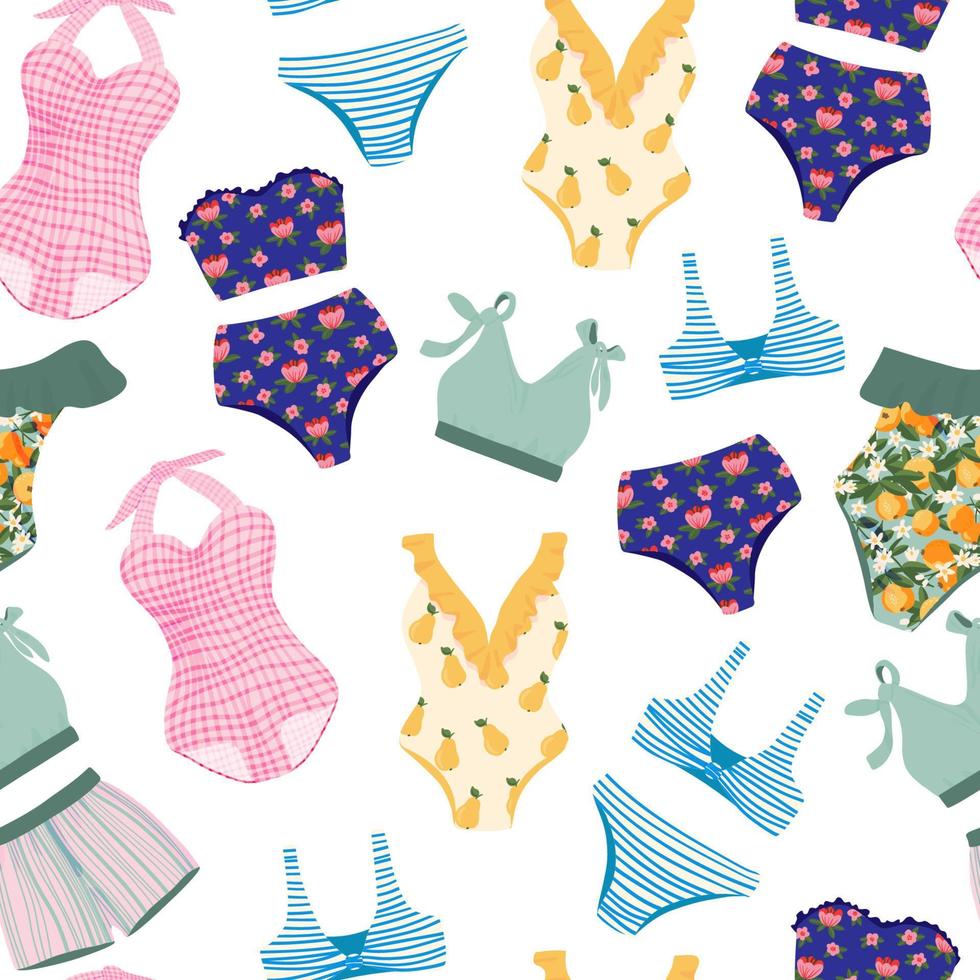Stylish women's swimwear vector seamless pattern. Fashionable one-piece and two-piece swimsuits or bikini tops and bottoms with bright multicolor backdrop. Women swimming clothes, beach outfit.