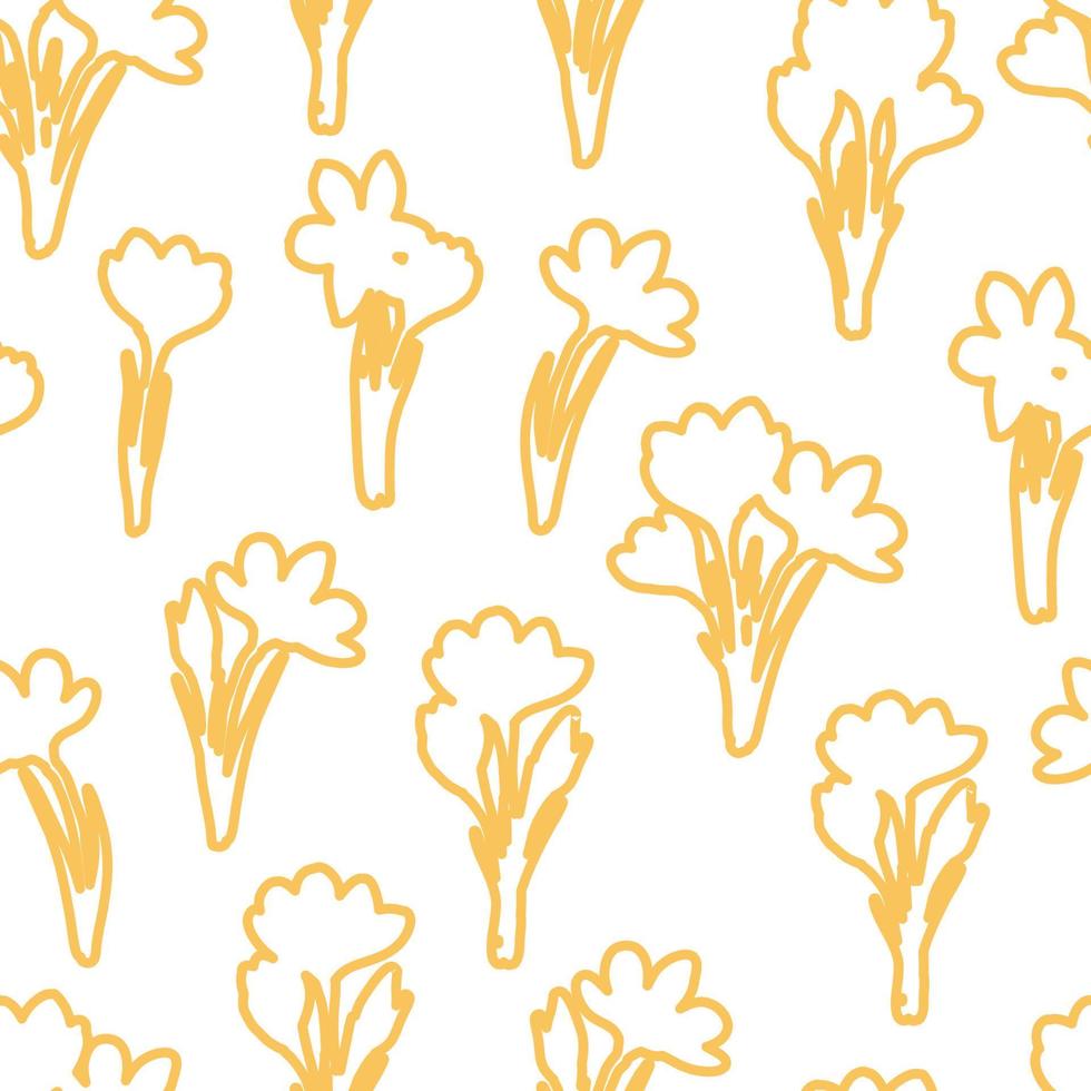 Spring flower crocus, saffron seamless pattern. Background for wrapping paper, textile, fabric, wallpaper, scrapbook, congratulation Easter, Mothers and Womens Day. Childish doodle stroking style vector