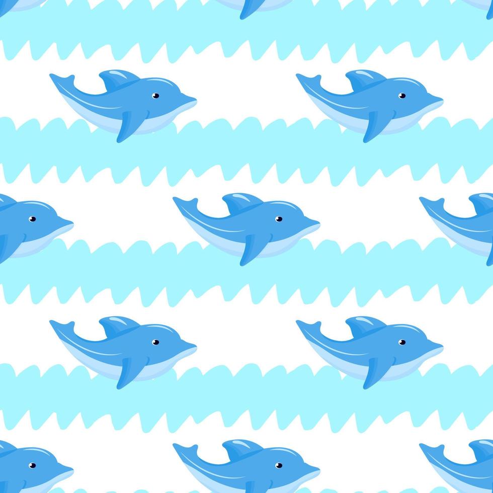 Seamless pattern with funny dolphin, blue waves. Vector background. Baby fabric textile. Summer backdrop. For wrapping, package product, t shirt clothes print. Animal digital paper