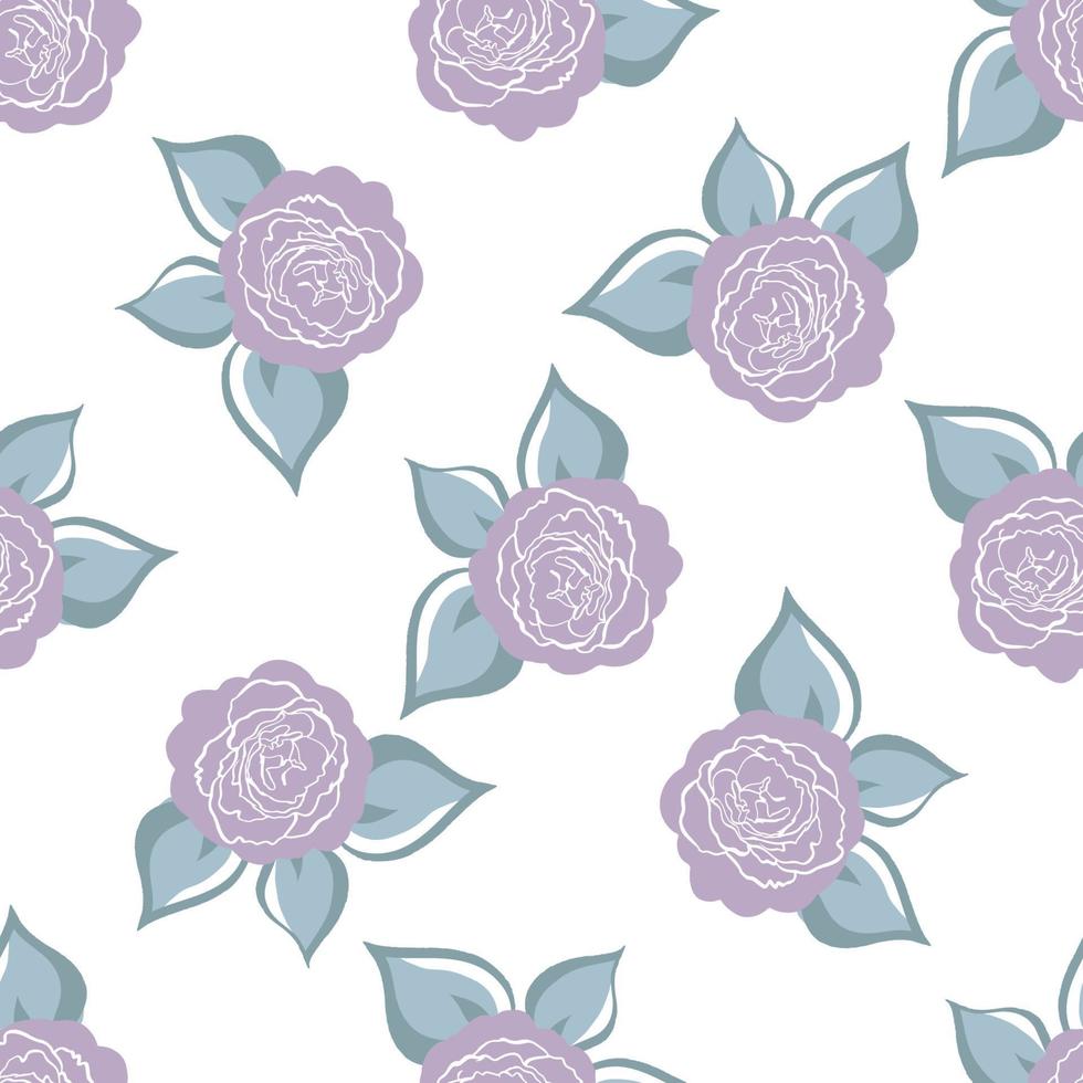 Seamless pattern with violet roses, grey leaves. Hand draw flower. Line brush style. Vector background. For wrapping, fabric textile, package design, wallpaper, clothes print, digital paper