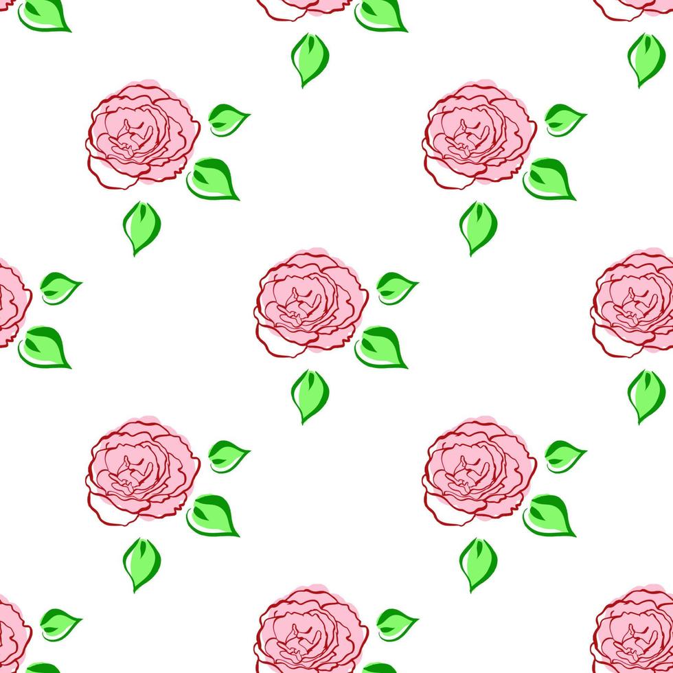 Seamless pattern with pink green leaved roses. Hand draw flower. Line brush style. Vector background. For wrapping, fabric textile, package design, wallpaper, clothes print, digital paper