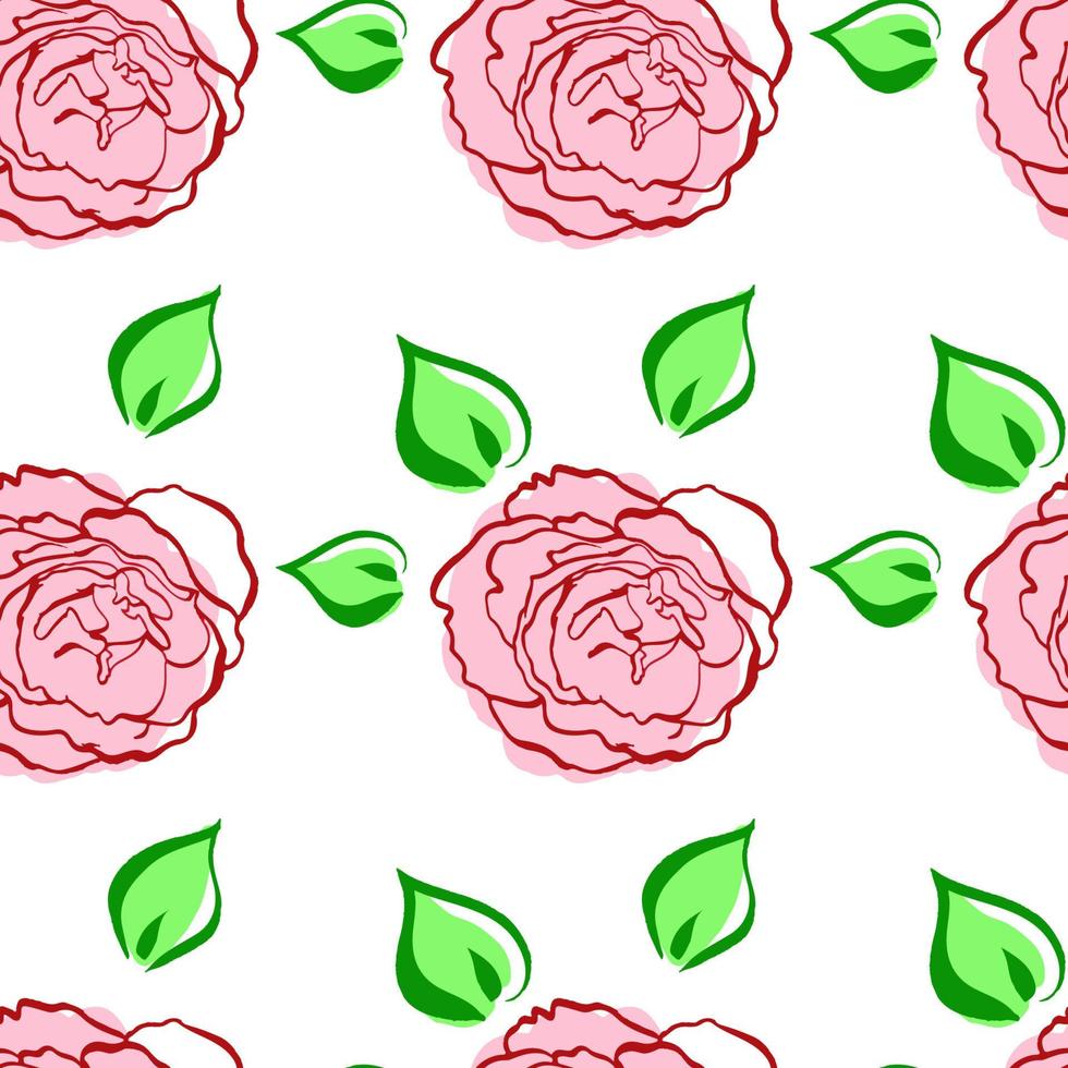 Seamless pattern with pink green leaved roses. Hand draw flower. Line brush  style. Vector background. For wrapping, fabric textile, package design,  wallpaper, clothes print, digital paper 5894919 Vector Art at Vecteezy