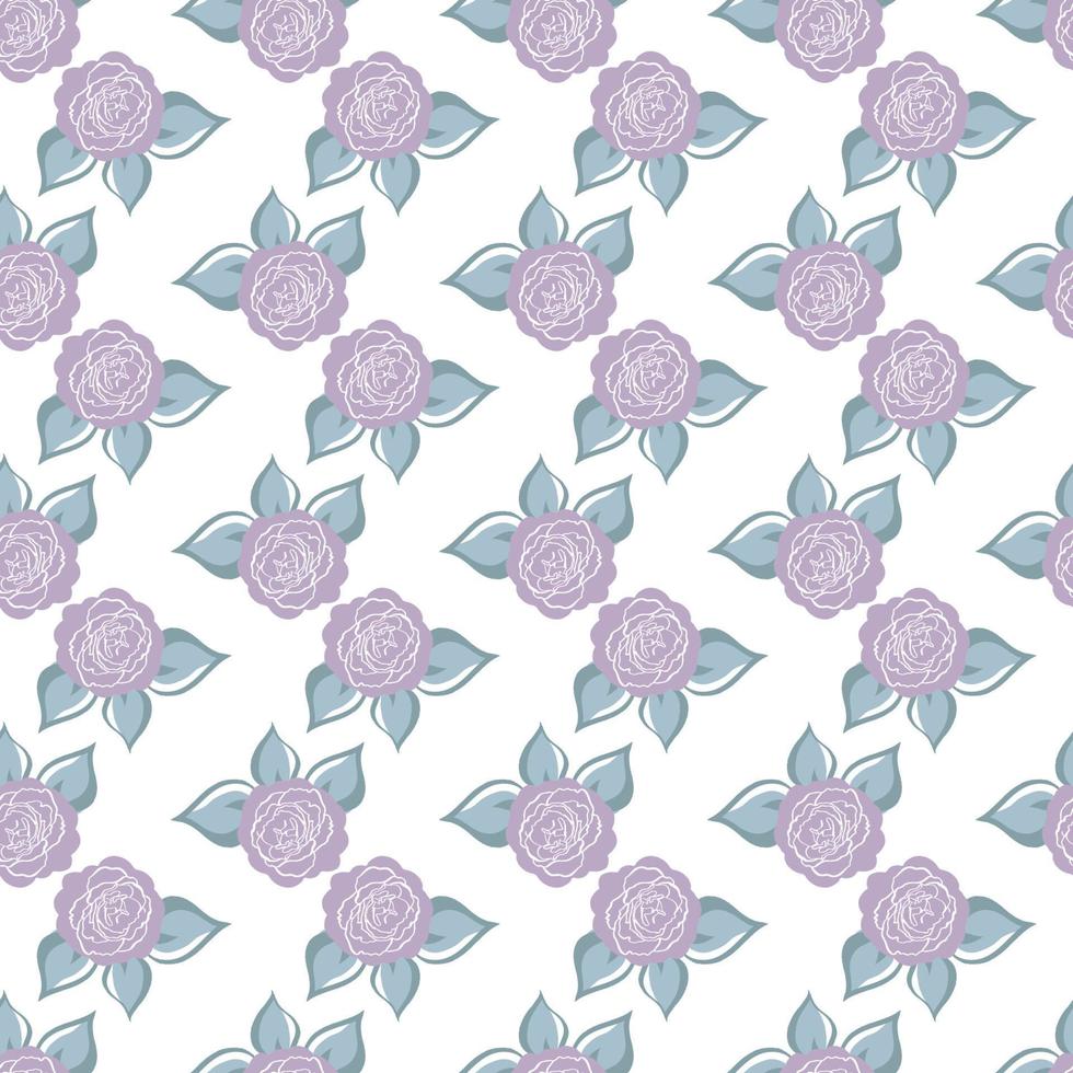 Seamless pattern with violet roses, grey leaves. Hand draw flower. Line brush style. Vector background. For wrapping, fabric textile, package design, wallpaper, clothes print, digital paper