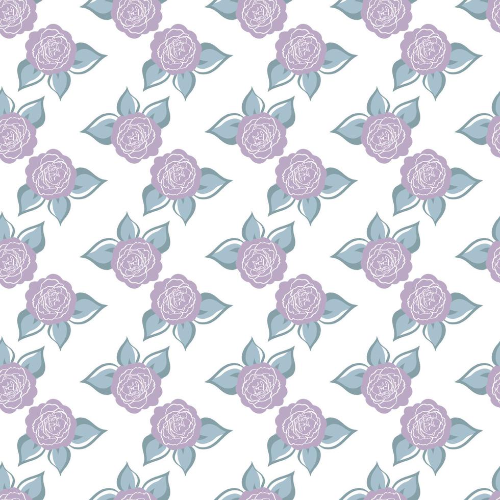 Seamless pattern with violet roses, grey leaves. Hand draw flower. Line brush style. Vector background. For wrapping, fabric textile, package design, wallpaper, clothes print, digital paper