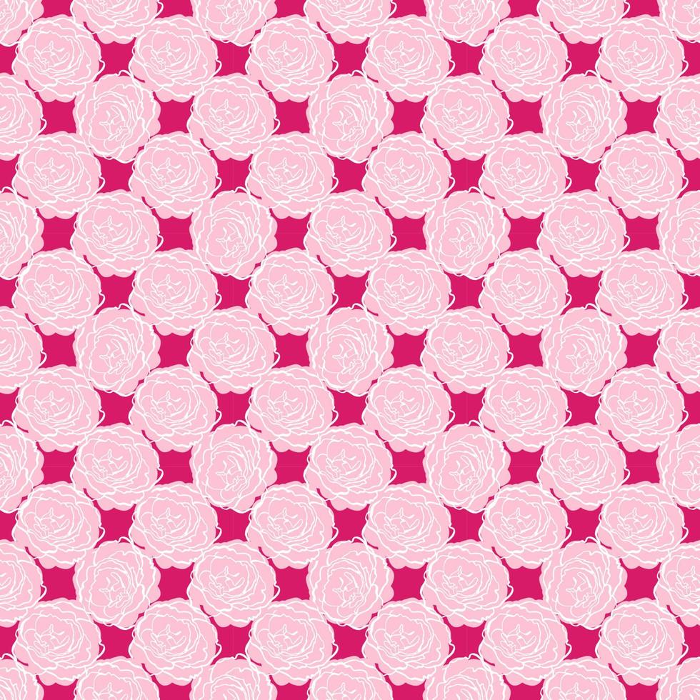 Seamless pattern with pink roses, white stroke. Hand draw texture flower. Line brush style. Vector background. For wrapping, fabric textile, package product, wallpaper, clothes print, digital paper