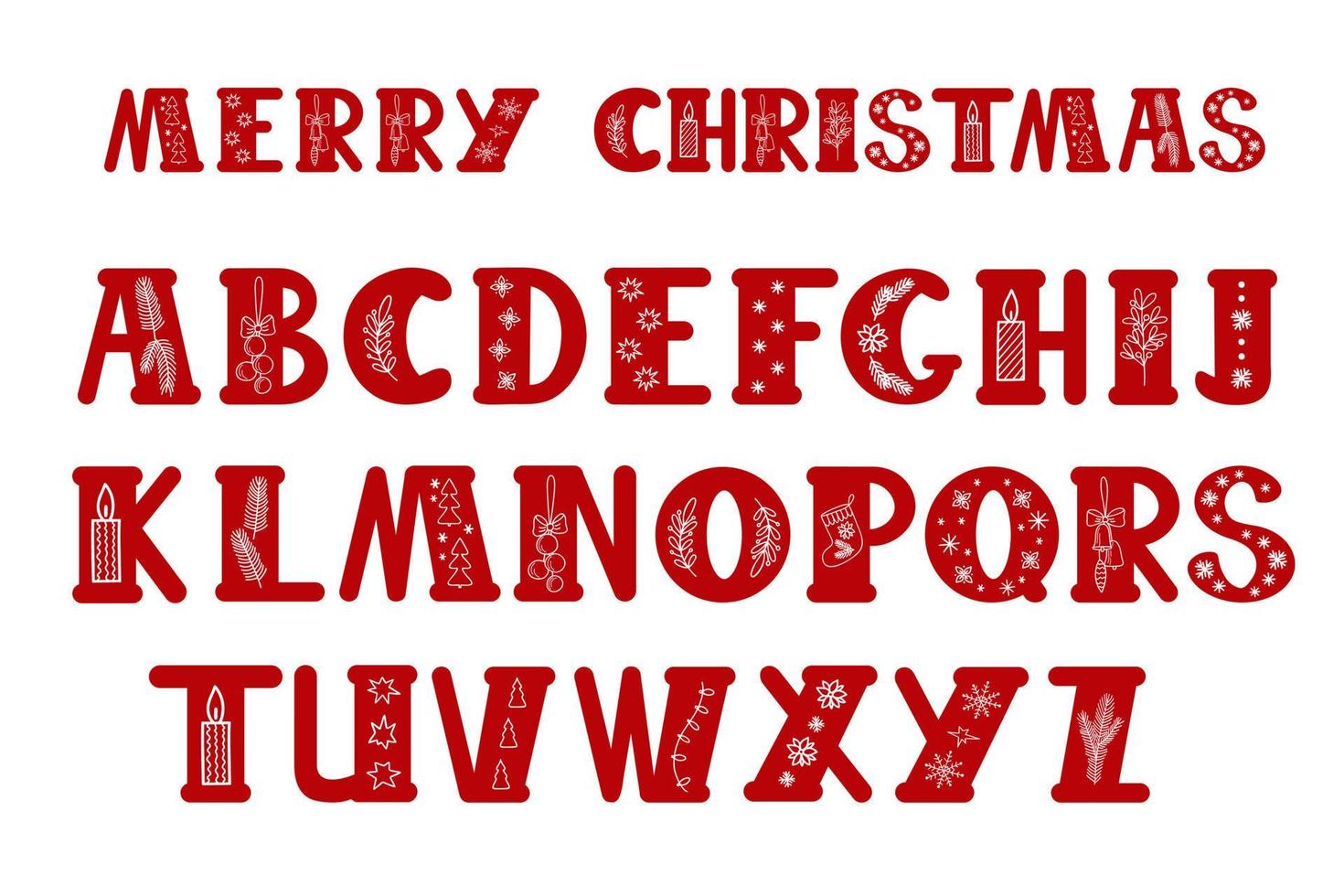 Letras dibujadas a mano decoradas en rojo capital del alfabeto inglés ilustración de vector de estilo de fideos de Navidad, abc caligráfico, escritura graciosa, dibujos animados y letras