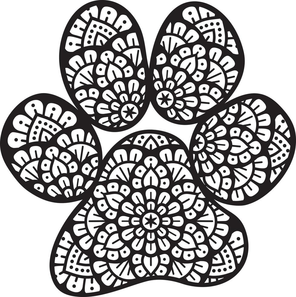 Dog Paw Mandala Black and White. Vector Illustration.