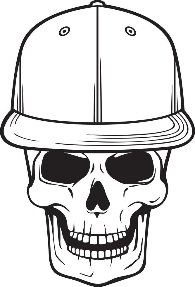 Skull with rap cap black and white vector illustration