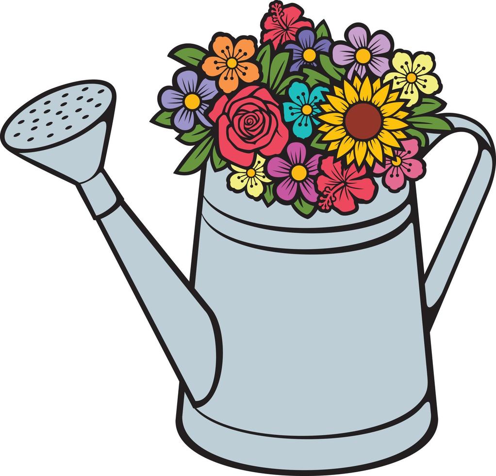 Watering Can with Flowers Color Vector Illustration