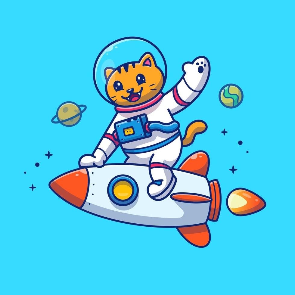 lindo gato astronauta montando cohete dibujos animados vector icono ilustración. concepto de icono de tecnología animal vector premium aislado. estilo de dibujos animados plana