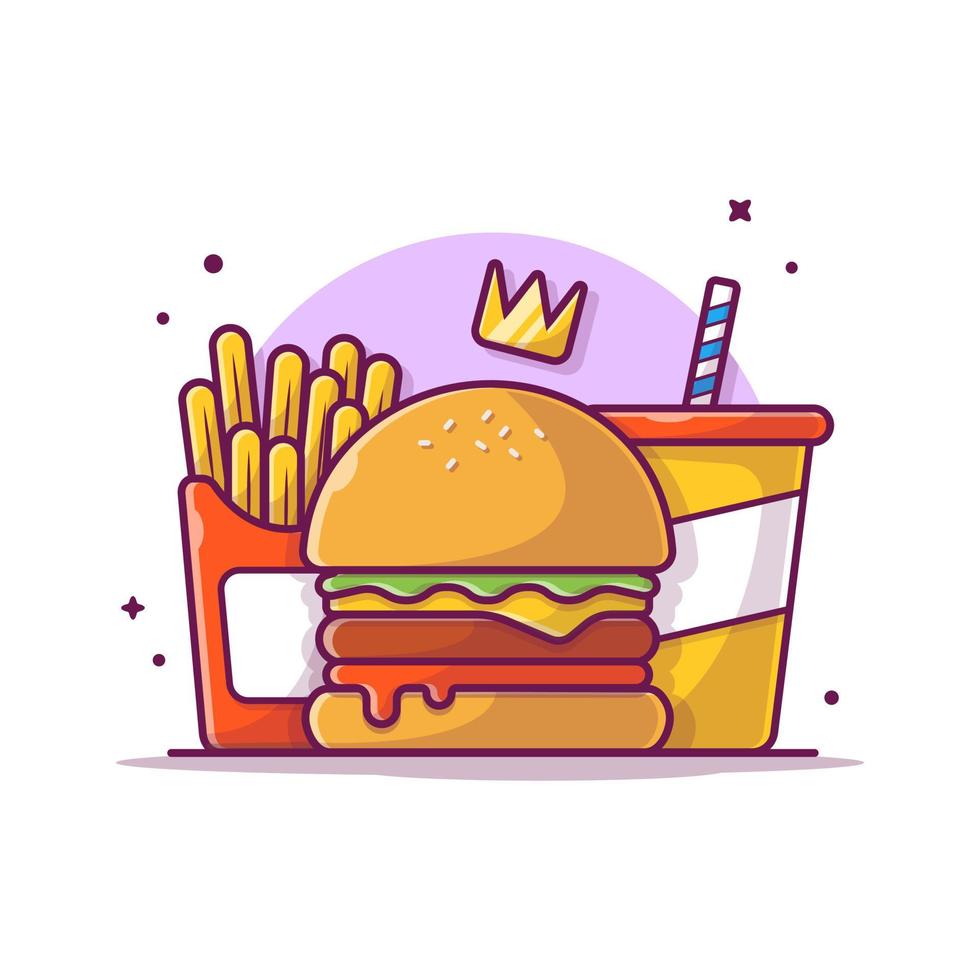 ilustración de icono de vector de dibujos animados de hamburguesa, papas fritas y refrescos. concepto de icono de objeto de comida vector premium aislado. estilo de dibujos animados plana