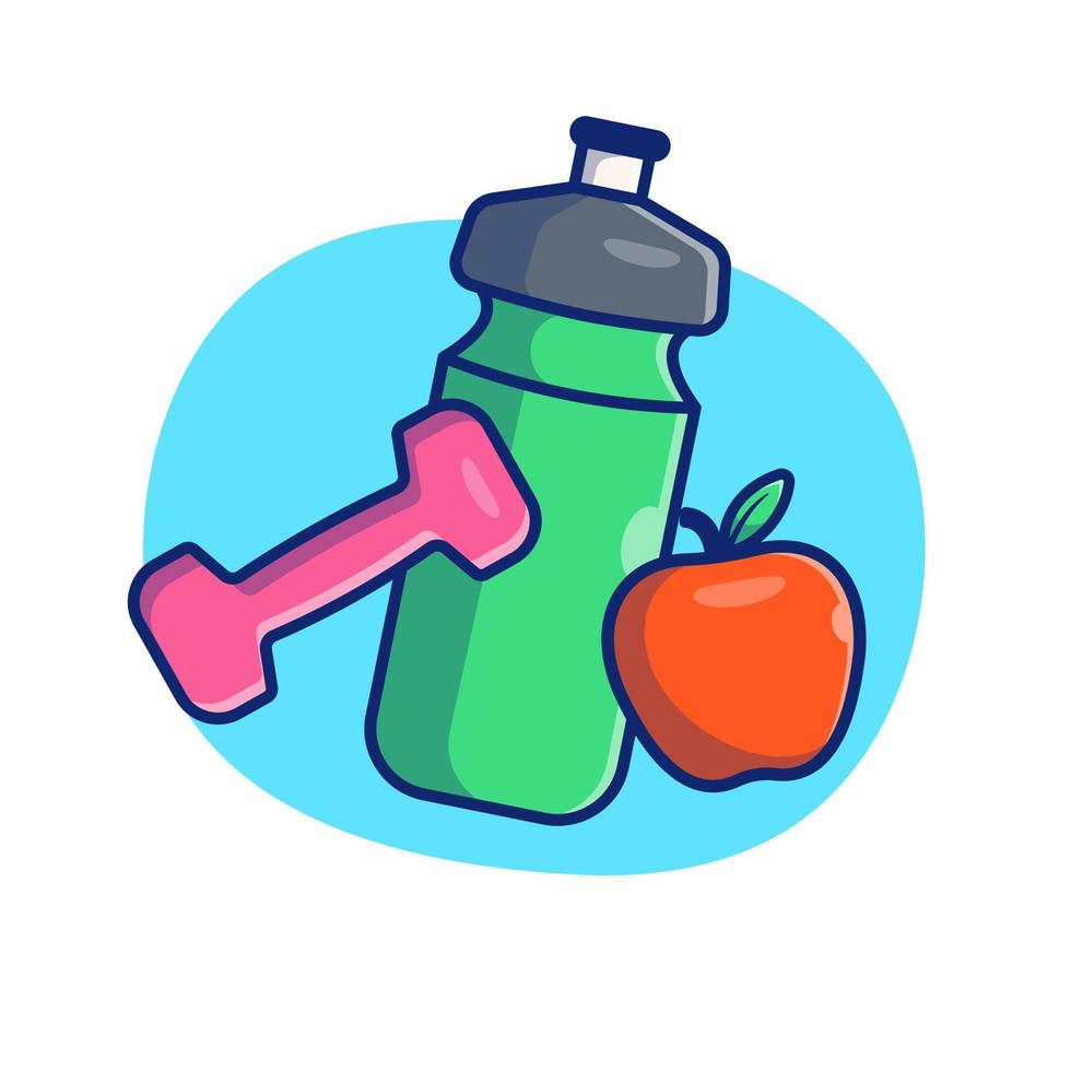 Dumbbell, Apple, And Bottle Cartoon Vector Icon Illustration. Sport  Healthy Icon Concept Isolated Premium Vector. Flat Cartoon Style