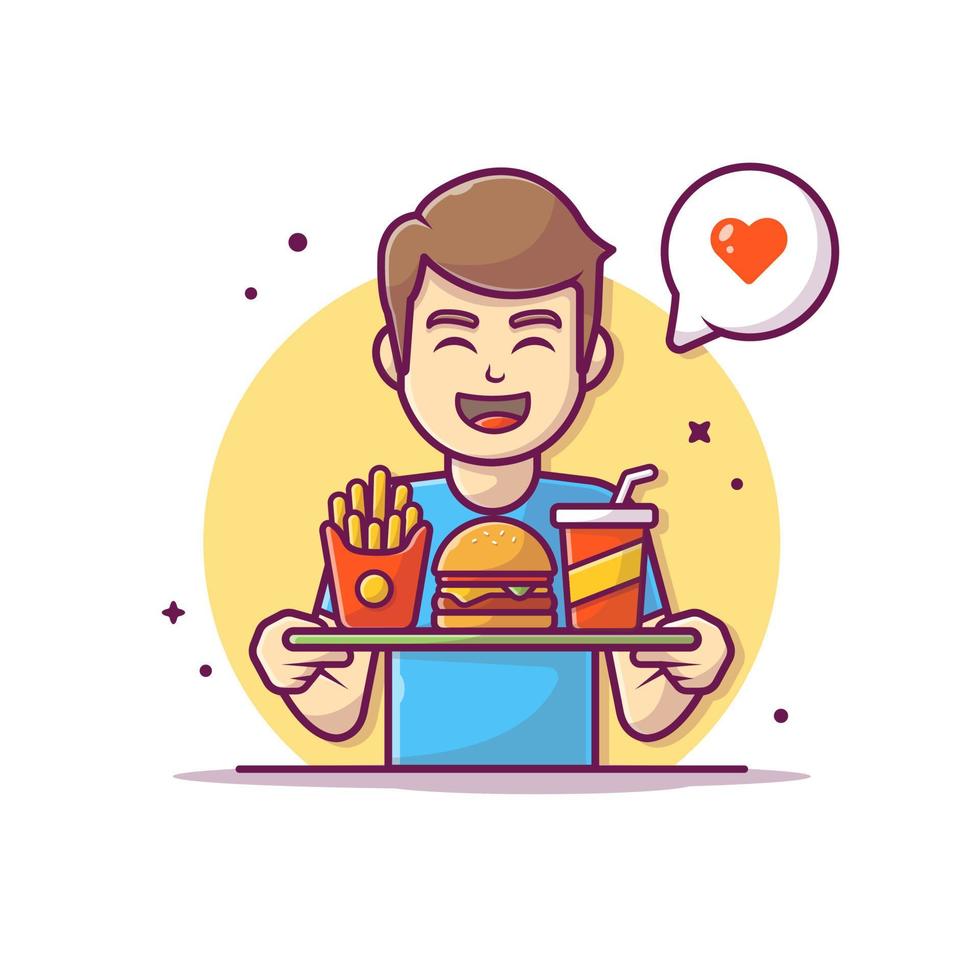 Man Bringing Tray With Burger, French Fries, And Soft Drink And  Love Speech Bubble Cartoon Vector Icon Illustration. People Food  Icon Concept Isolated Premium Vector. Flat Cartoon Style