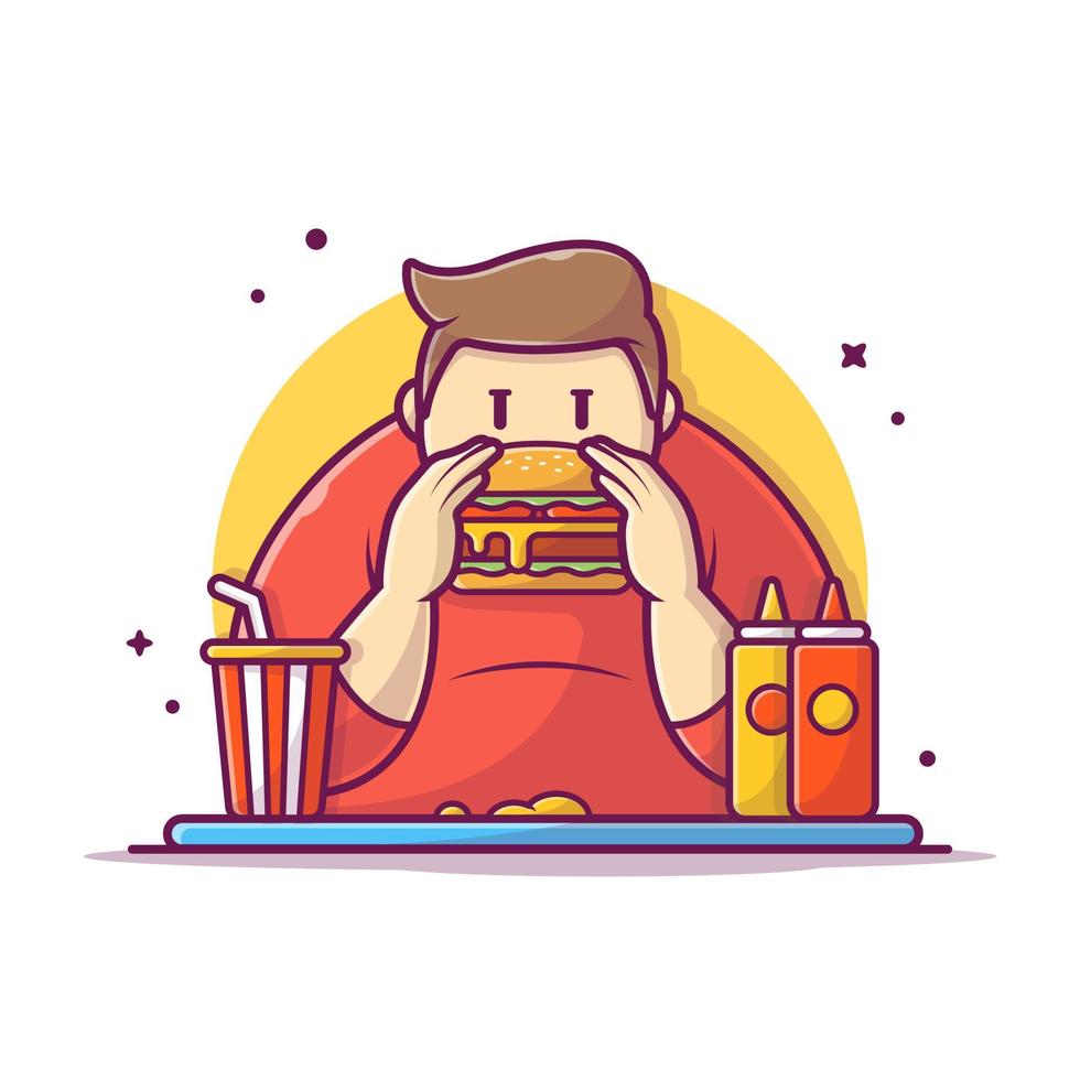 tipo gordo comiendo hamburguesa, refresco, mostaza y salsa ilustración de icono de vector de dibujos animados. concepto de icono de comida de personas vector premium aislado. estilo de dibujos animados plana