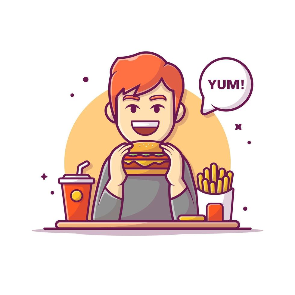 hombres comiendo hamburguesa, papas fritas, refresco con yum burbuja discurso dibujos animados vector icono ilustración. concepto de icono de comida de personas vector premium aislado. estilo de dibujos animados plana