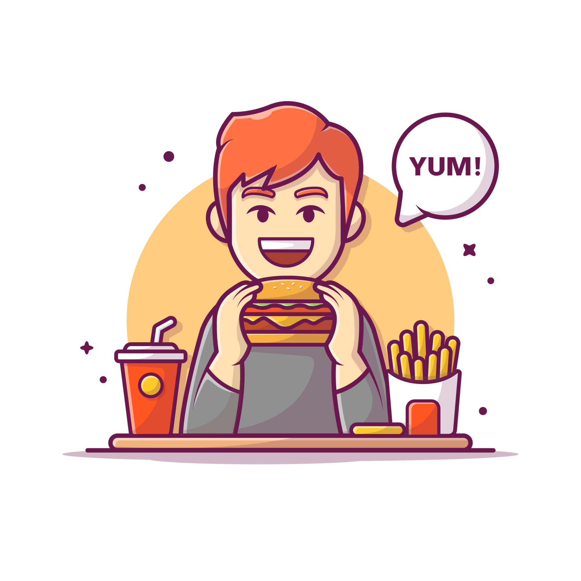 Men Eating Burger, French Fries, Soft Drink With Yum Bubble Speech Cartoon  Vector Icon Illustration. People Food Icon Concept Isolated Premium Vector.  Flat Cartoon Style 5895640 Vector Art at Vecteezy