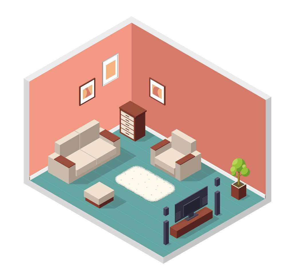 Vector isometric illustration, 3d interior, living room