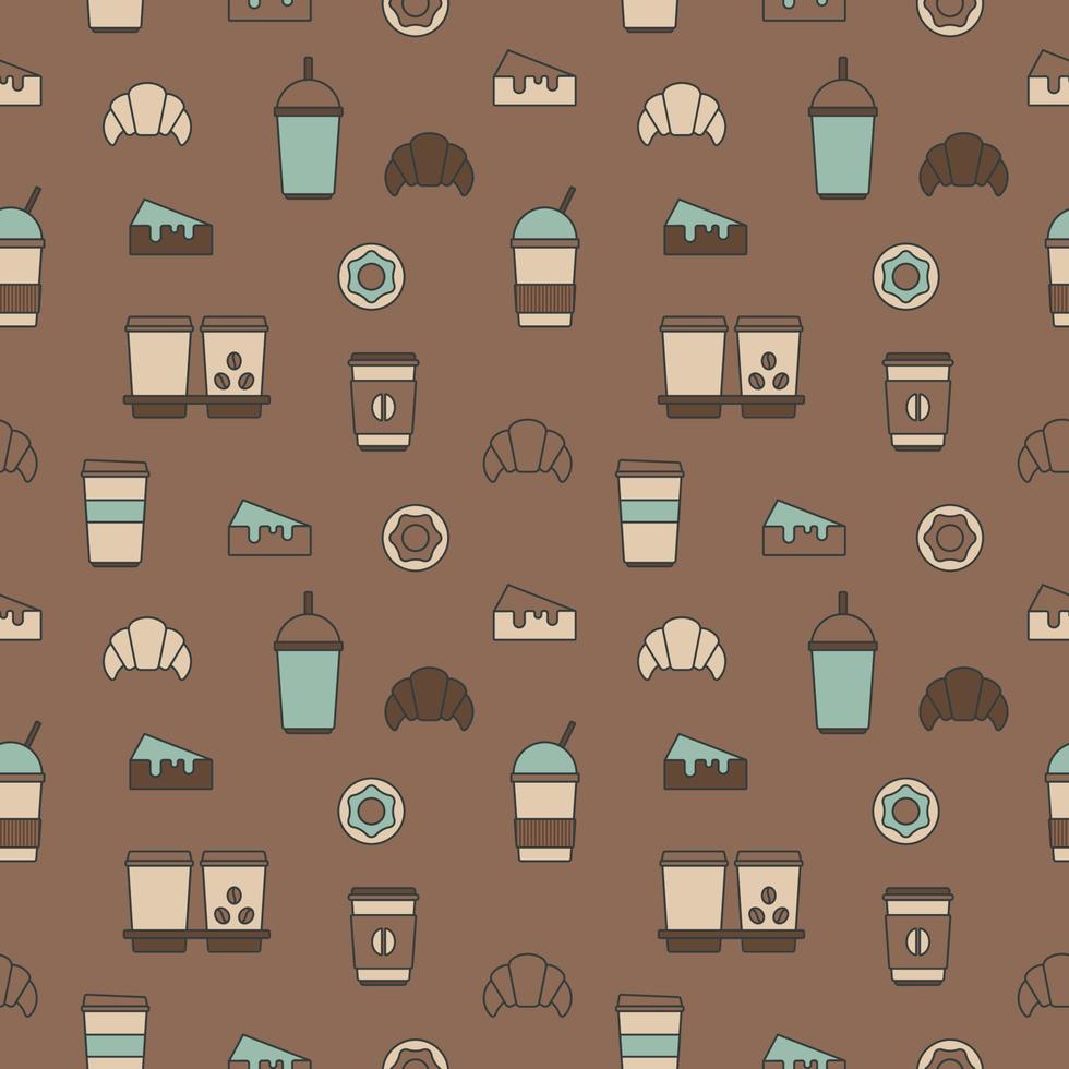Vector seamless pattern of cups of coffee, drinks, cakes, croissants and donuts.   Illustration on the theme of food, coffee and sweets. Abstract background of icons of cups of coffee, tea, dessert