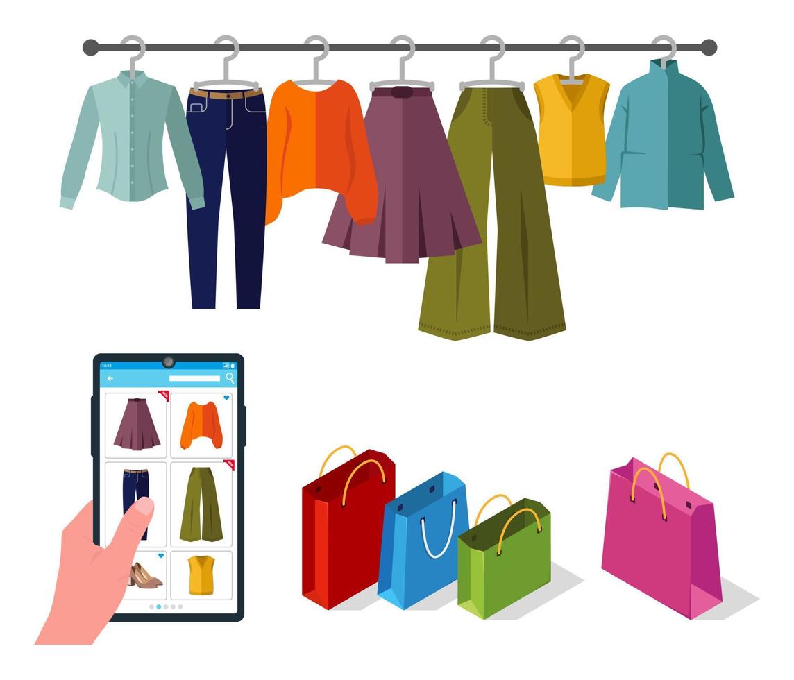 Vector illustration, concept of online clothing store. Shopping, buying clothes, shoes. Clothing store products on the smartphone screen. Collection of clothes on a hanger, autumn-winter wardrobe