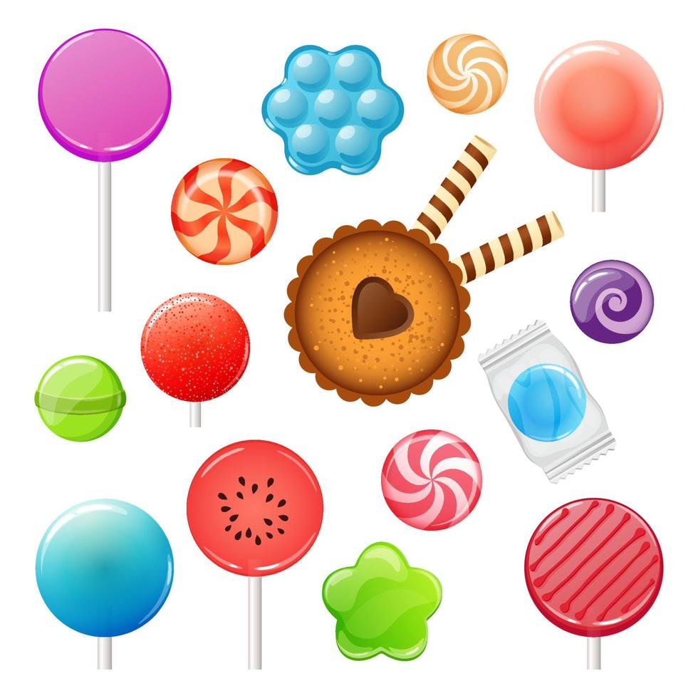 ilustración vectorial, conjunto de iconos de dulces, piruletas, dulces vector