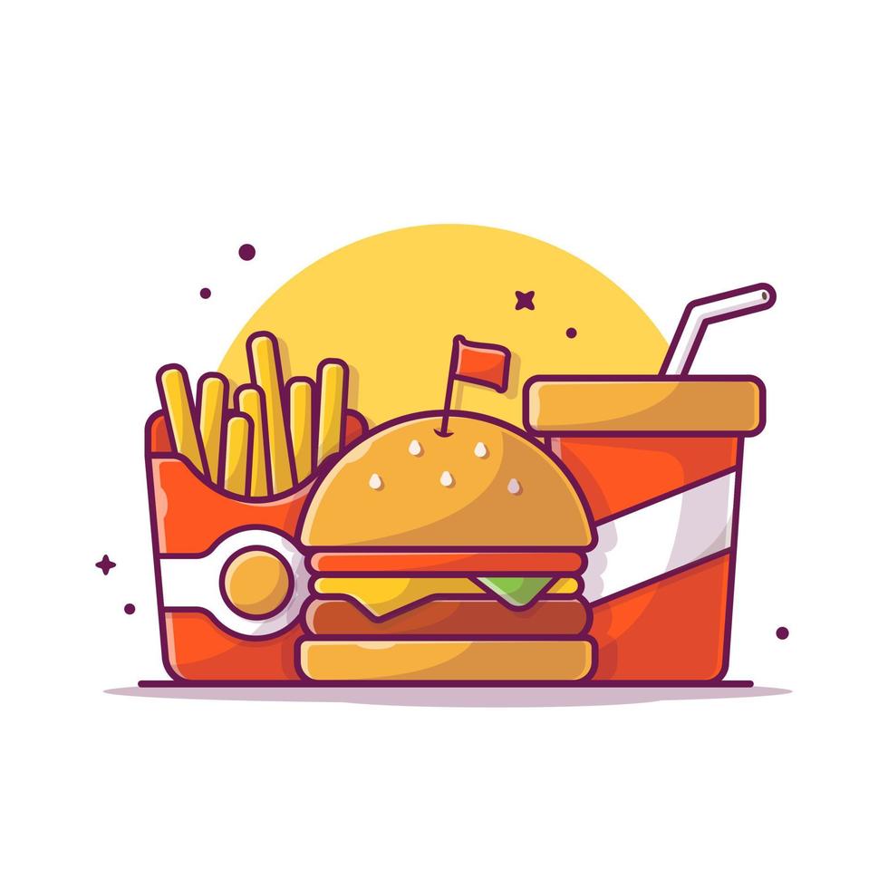 ilustración de icono de vector de dibujos animados de hamburguesa, papas fritas y refrescos. concepto de icono de objeto de comida vector premium aislado. estilo de dibujos animados plana