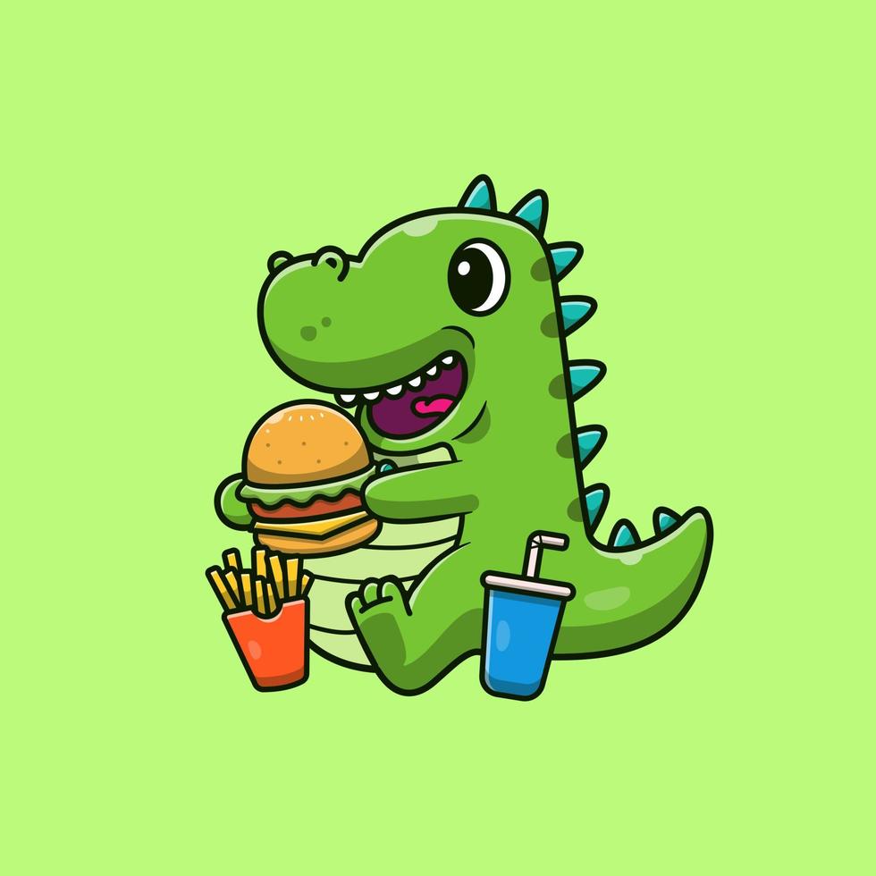 lindo dinosaurio comiendo hamburguesa, papas fritas y bebida ilustración de icono de vector de dibujos animados. concepto de icono de comida animal vector premium aislado. estilo de dibujos animados plana