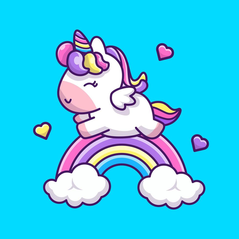 lindo unicornio durmiendo en la ilustración de icono de vector de dibujos animados de arco iris y nubes. concepto de icono de naturaleza animal vector premium aislado. estilo de dibujos animados plana