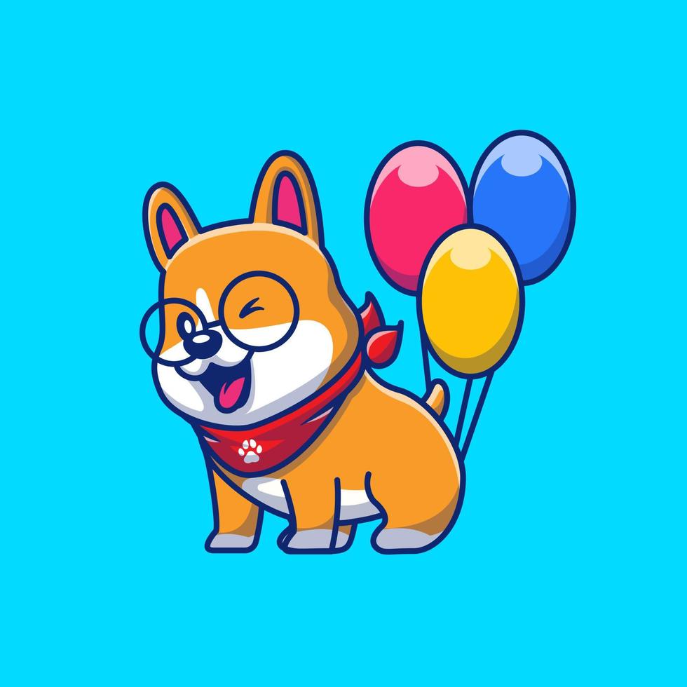 Cute Corgi With Balloons artoon Vector Icon Illustration.  Animal Nature Icon Concept Isolated Premium Vector. Flat  Cartoon Style