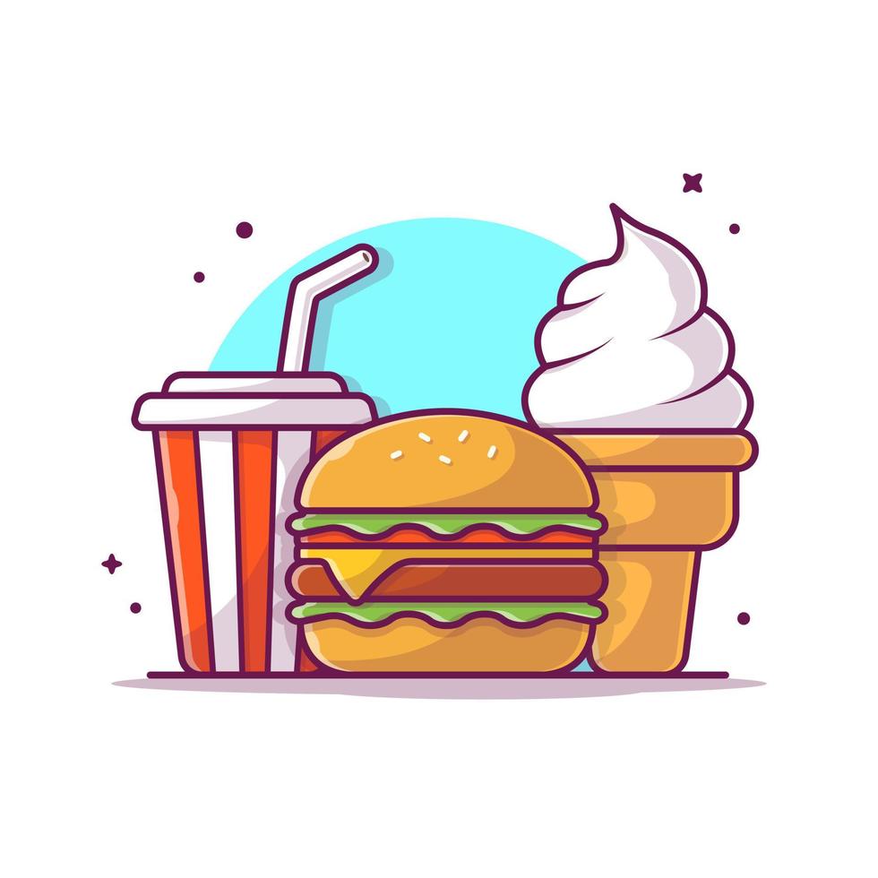 ilustración de icono de vector de dibujos animados de hamburguesa, refresco y helado. concepto de icono de objeto de comida vector premium aislado. estilo de dibujos animados plana