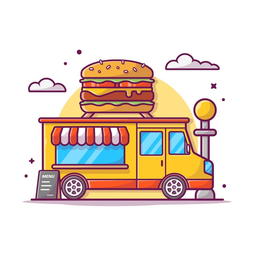 ilustración de icono de vector de dibujos animados de camión de comida de hamburguesa. concepto de icono de transporte de alimentos vector premium aislado. estilo de dibujos animados plana